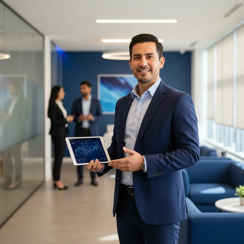 Agente de seguros usando la plataforma de multicotización de Segutrends en su oficina